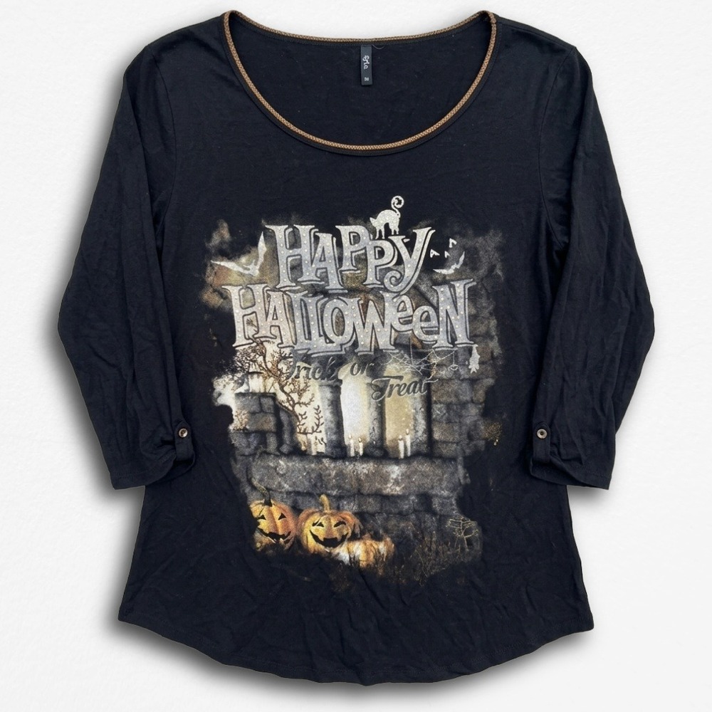 Edista Happy Halloween Graphic Top Black 3/4 Sleeve Y2K Petite XL Trick or Treat